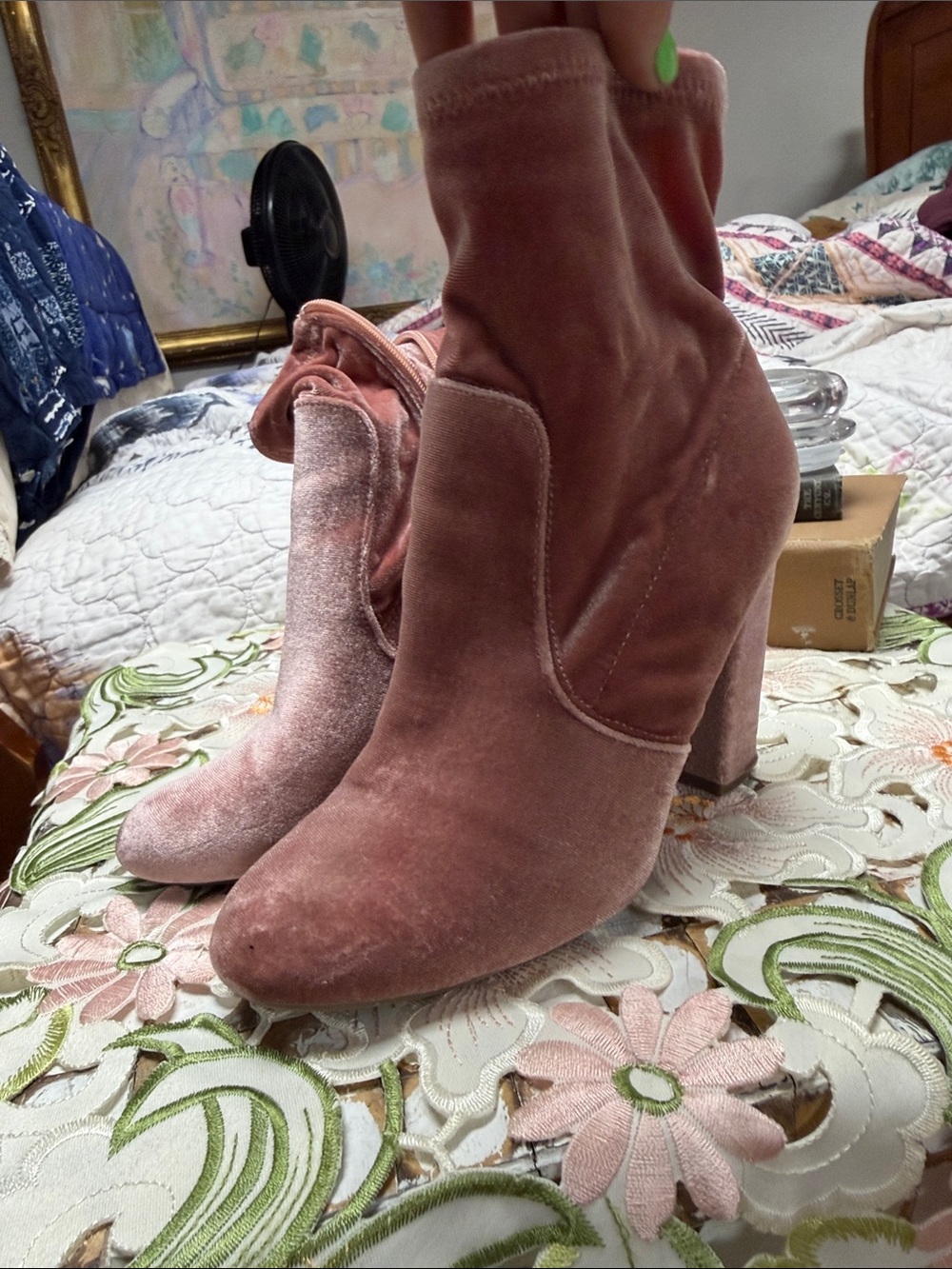BAMBOO Dusty Rose Velvet Block Heel Ankle Boots